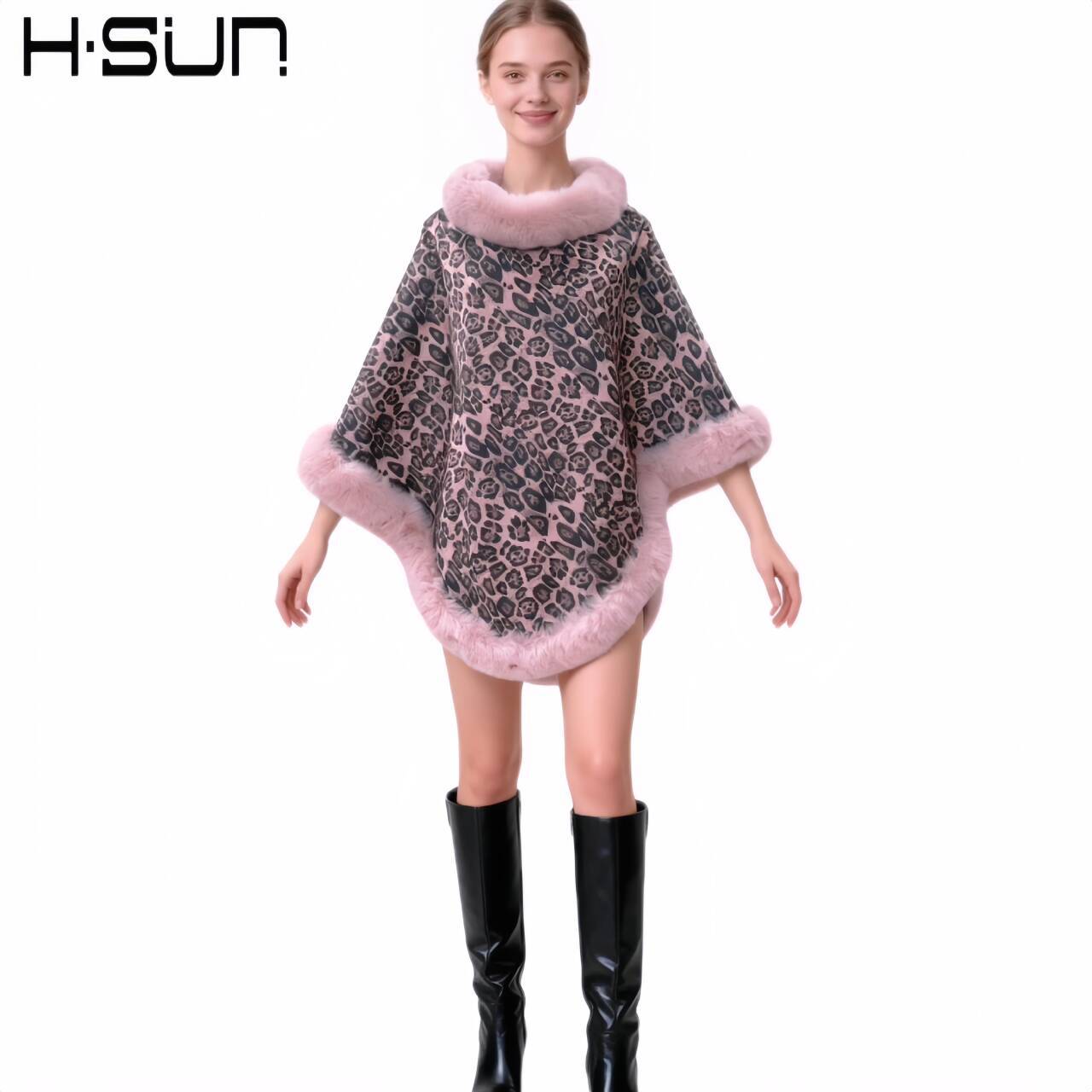 Pullover Street Pullover Poncho Fur Collar Non-Detachable Shawl Leopard Print Knit Fleece Poncho Fur Collar