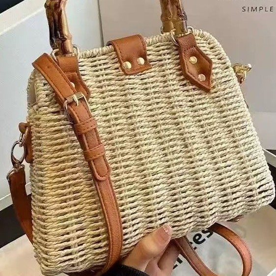 Pastoral style straw bag new shoulder hand two-use bamboo handle women's commuting woven bag