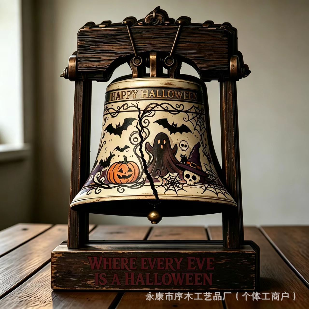 American Style Halloween Wooden Bell Ornament Distressed Tabletop Decoration Ghost Pumpkin Halloween Holiday Craft Ornament
