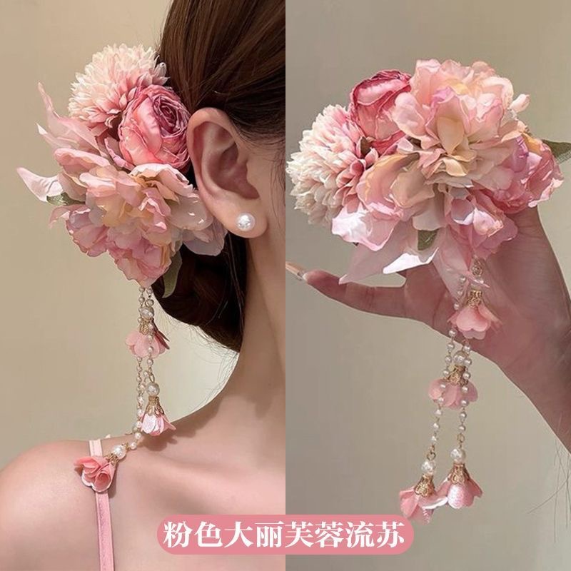 1#纯欲风粉色花朵流苏发夹