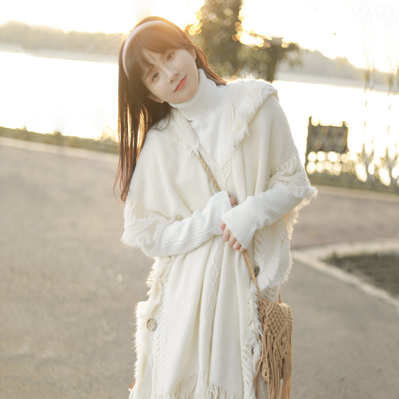 Button Shawl Bohemian Fringe Sweater Knit Top Yunnan Qinghai Travel Pullover Hooded Cape Spring Autumn Women
