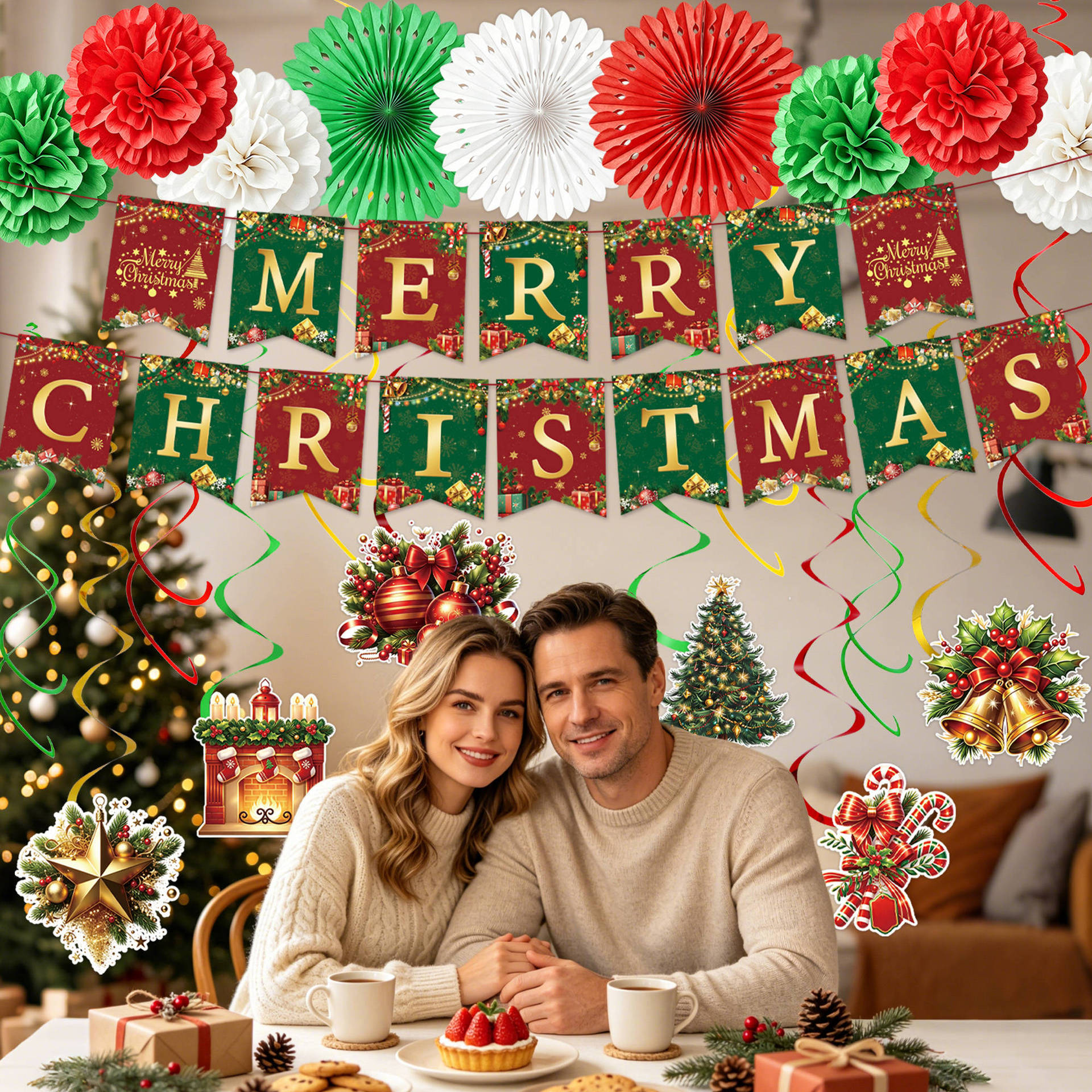 Christmas Holiday Ceiling Decoration Set Christmas Bunting Flag Paper Fan Flower Honeycomb Ball Spiral Pendant Full Set