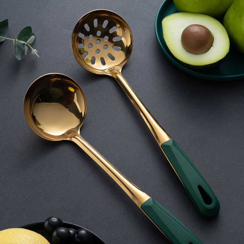 New 304 stainless steel soup spoon, soup slotted spoon, long-handled hot pot spoon, dark green gold-plated soup ladle kitchen set