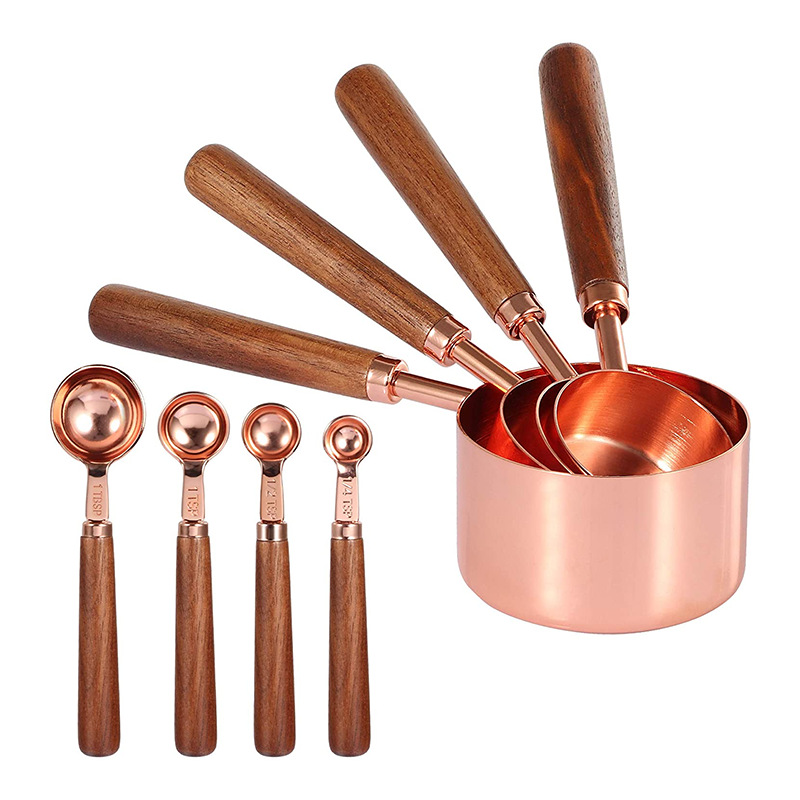 Walnut wood stainless steel measuring spoon measuring cup set 8-piece set with scale baking tool 4-piece set rose gold spoon