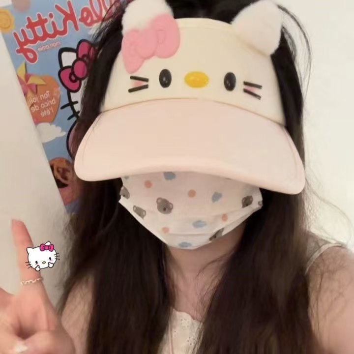 HelloKitty Sun Protection Hollow Top Hat, Cute Sunshade Hat, Face Slimming, Cartoon Kitty Cat, Face Slimming Hat