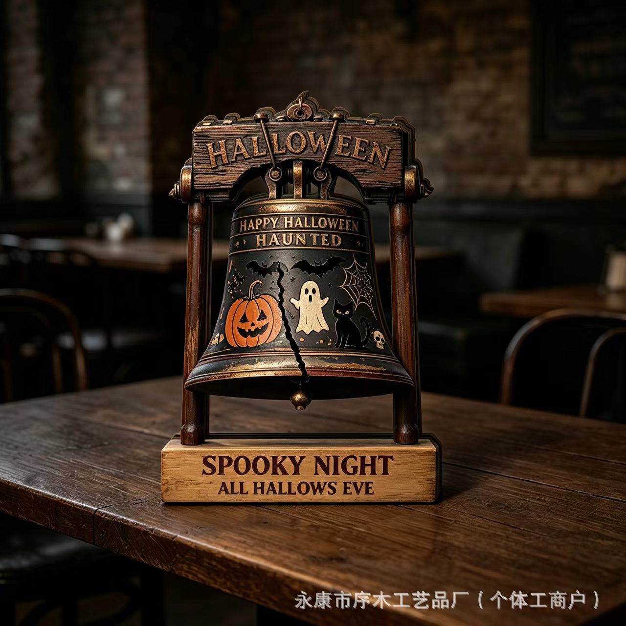 American Style Halloween Wooden Bell Ornament Distressed Tabletop Decoration Ghost Pumpkin Halloween Holiday Craft Ornament