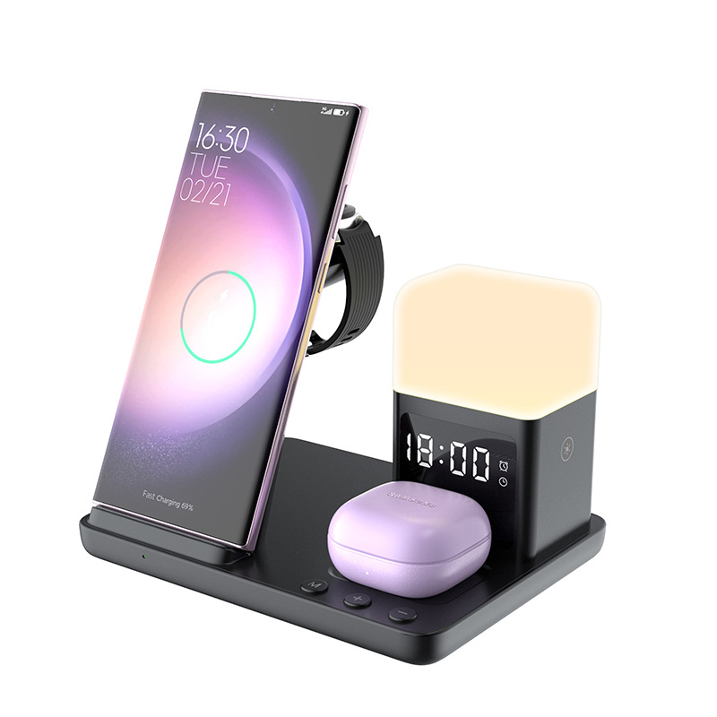 Six-in-one night light wireless charger 15W desktop alarm clock stand for Apple Samsung phones wireless charger