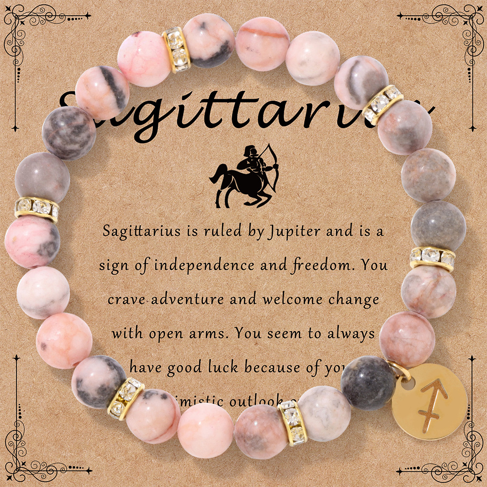 New twelve zodiac bracelet pink zebra stone beads elastic rope couple bracelet card pack birthday