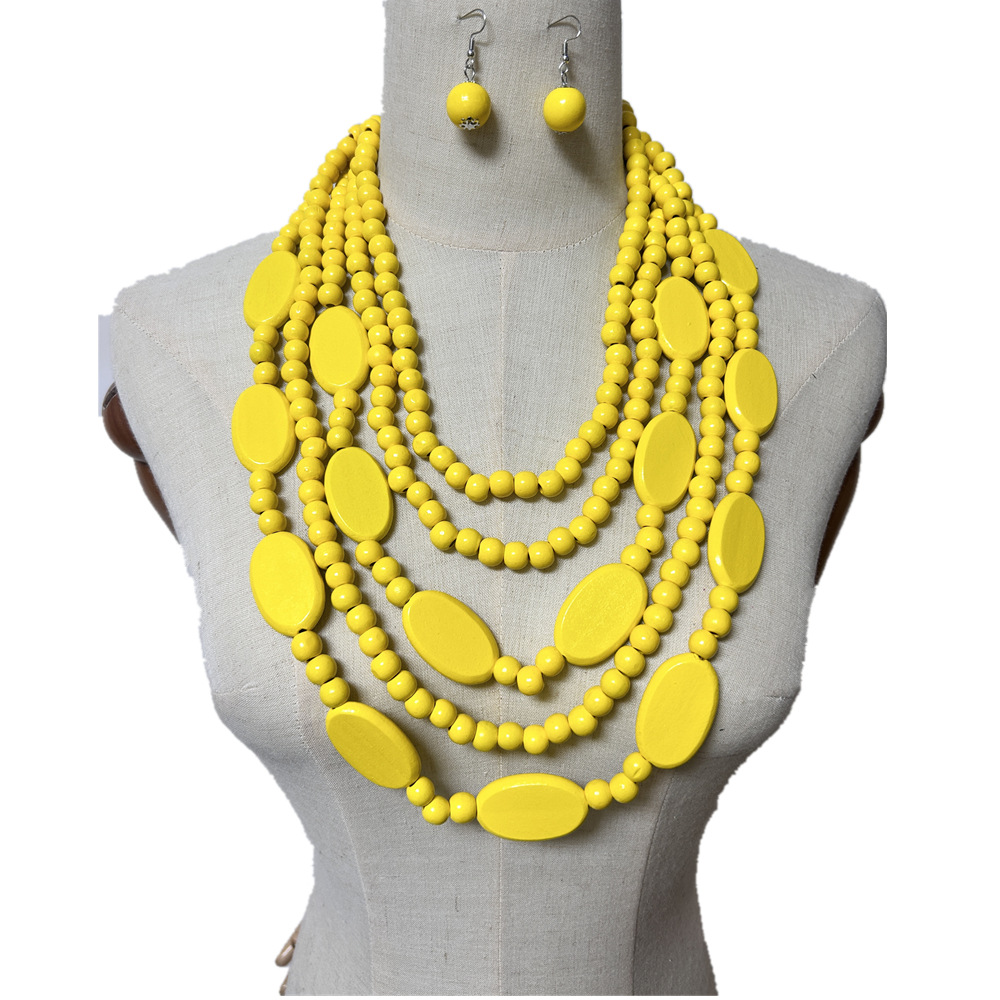 Wooden pieces beads multi-layer tassel necklace ethnic style sweater chain accessories necklaces