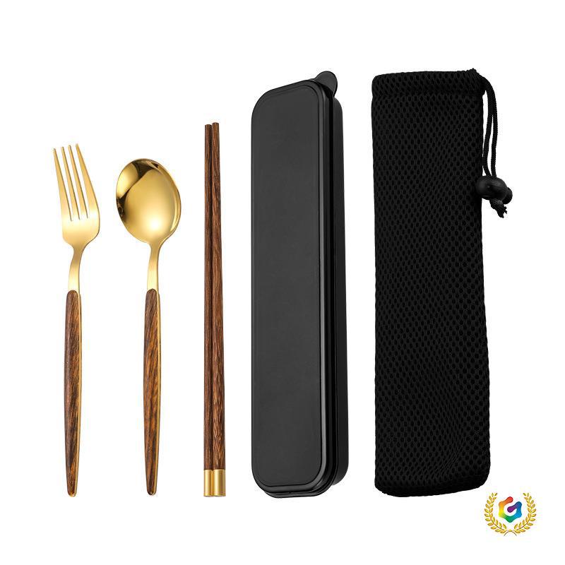 Chopsticks and spoon set, one-person convenient tableware, student storage box, fork, single wooden chopsticks, three-piece set