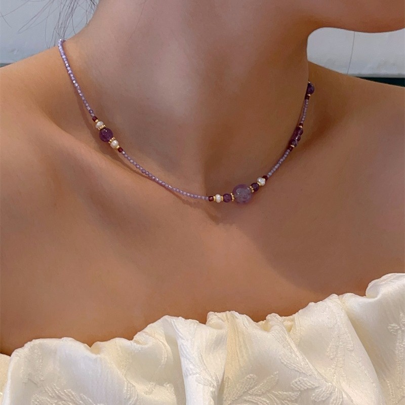 New Chinese Style Amethyst Freshwater Pearl Necklace Amethyst Li Fire Crystal Ball Pendant Choker Simple Necklace