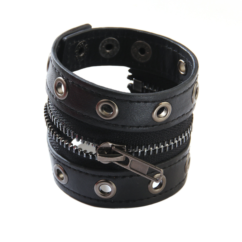 New Rivet Chain Punk Accessories Cowhide Bracelet Women Round Hole Center Zipper Wide Leather Wristband