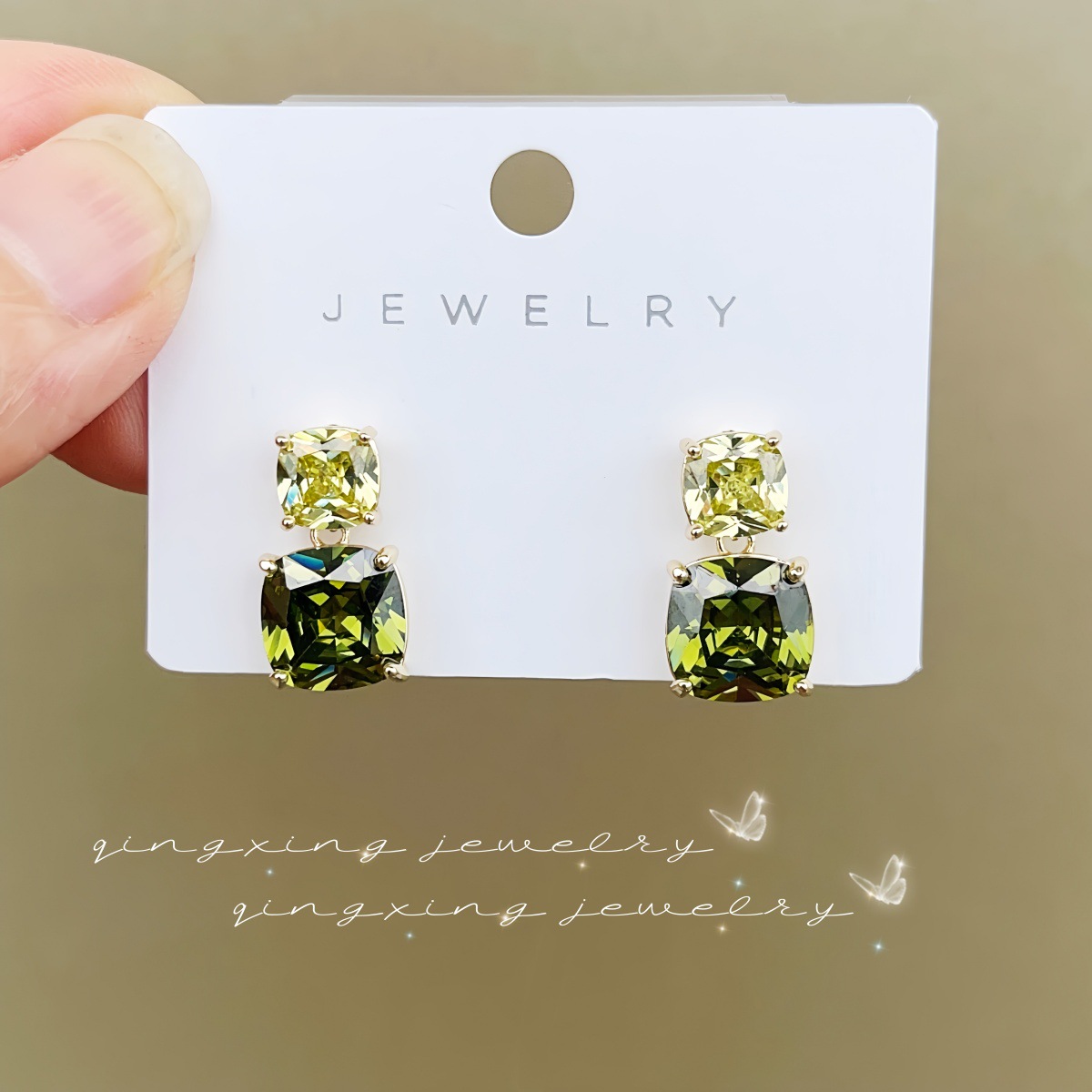 Olive Green Zirconia Exquisite Square Ear Studs No Piercing Ear Clip Earrings Silver Needle Women's Ear Jewelry
