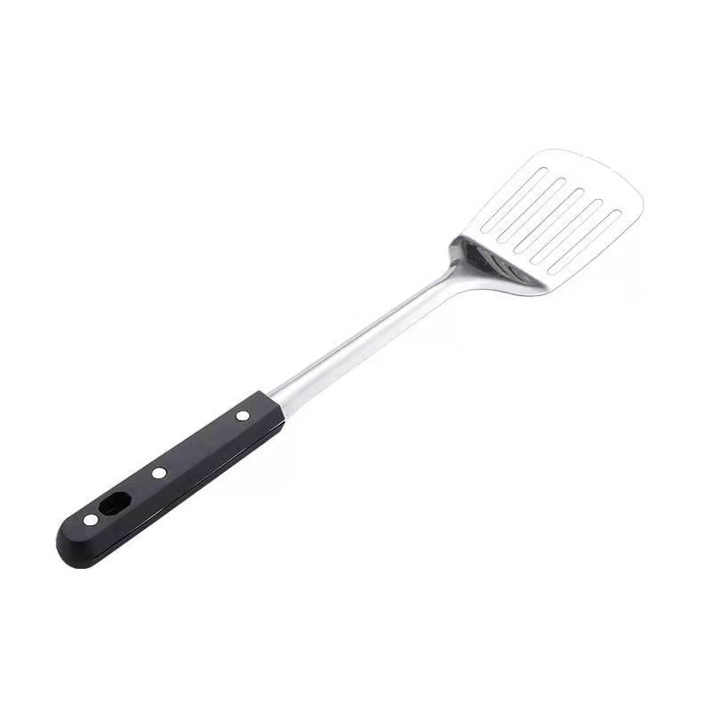 Stainless steel long-handled slotted spoon, soup spoon thickened kitchen set, slotted spoon handle, stir-fry spatula household black three-nail handle