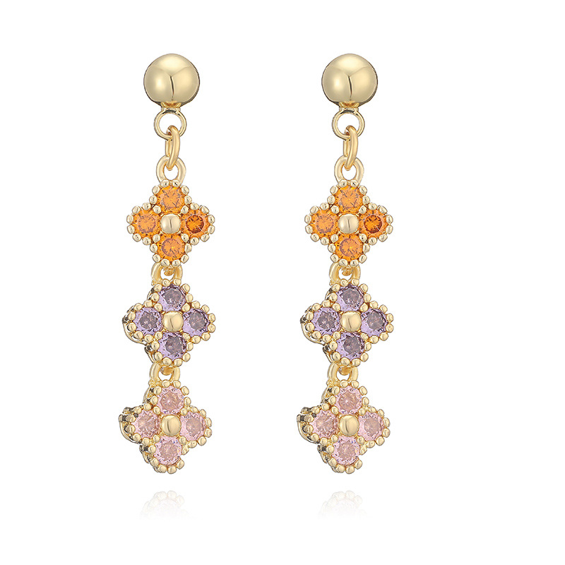 Copper Inlaid Colorful Diamond Four-Leaf Clover Stud Earrings Unique Flower Petal Earrings