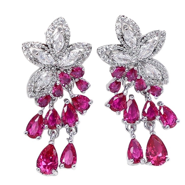 Red Corundum Tassel Earrings Heavy Craft Full Diamond Flower Earrings Banquet Dress Earrings Women's