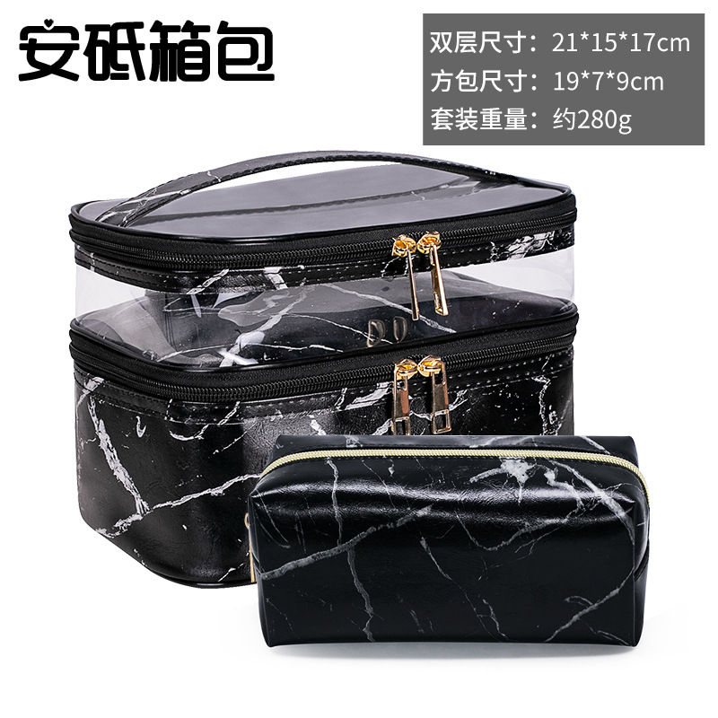 New Marble Transparent Leopard Print Double-Layer Cosmetic Bag Waterproof Portable Toiletry Bag Storage Bag for Women