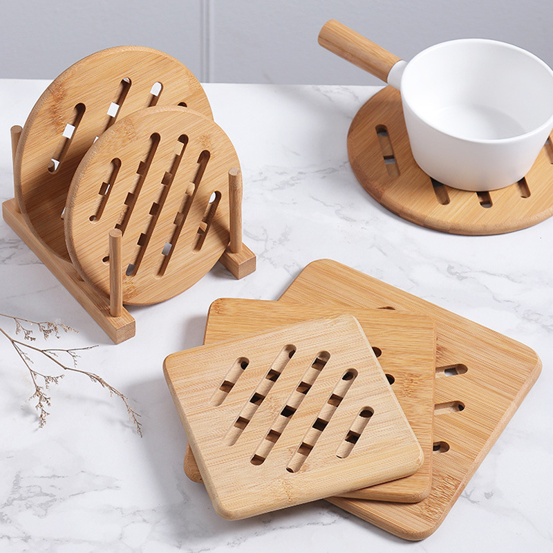 Bamboo heat-insulating placemat, table pot mat, wooden non-slip hollow round thickened cup coaster, tea cup mat