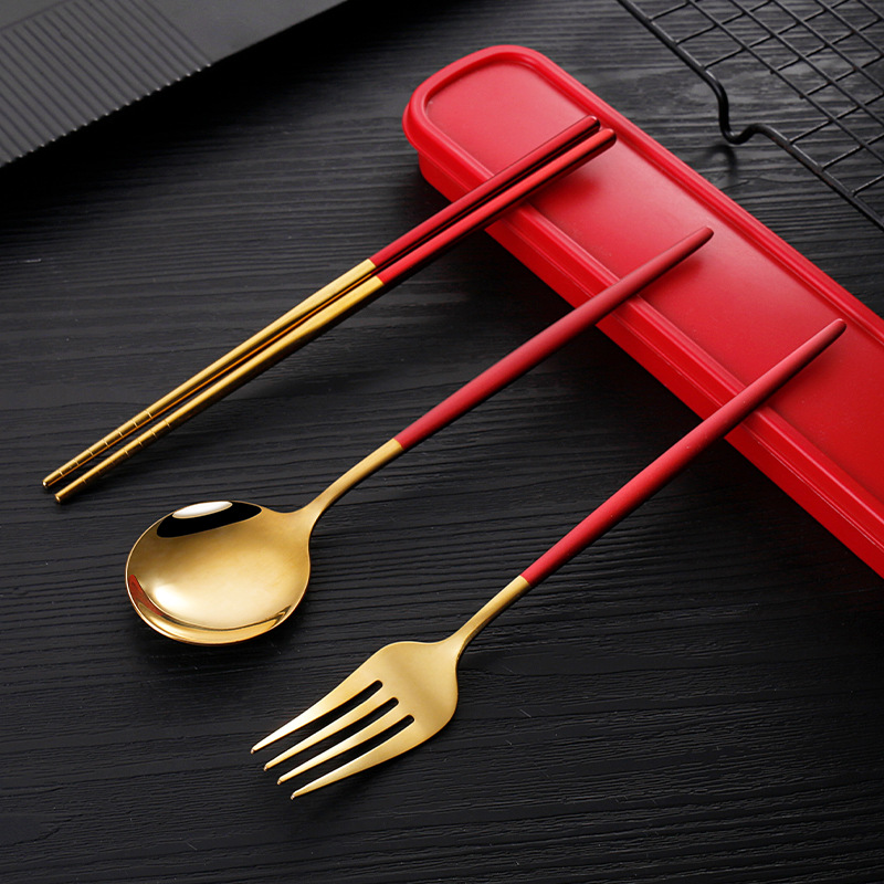Stainless steel cutlery set Portugal fork spoon chopsticks set three-piece student portable cutlery set