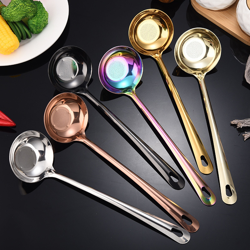 Stainless Steel Soup Spoon Home Kitchen Serving Spoon Beef Hot Pot Oil Residue Strainer Long-Handle Seasoning Large Spoon