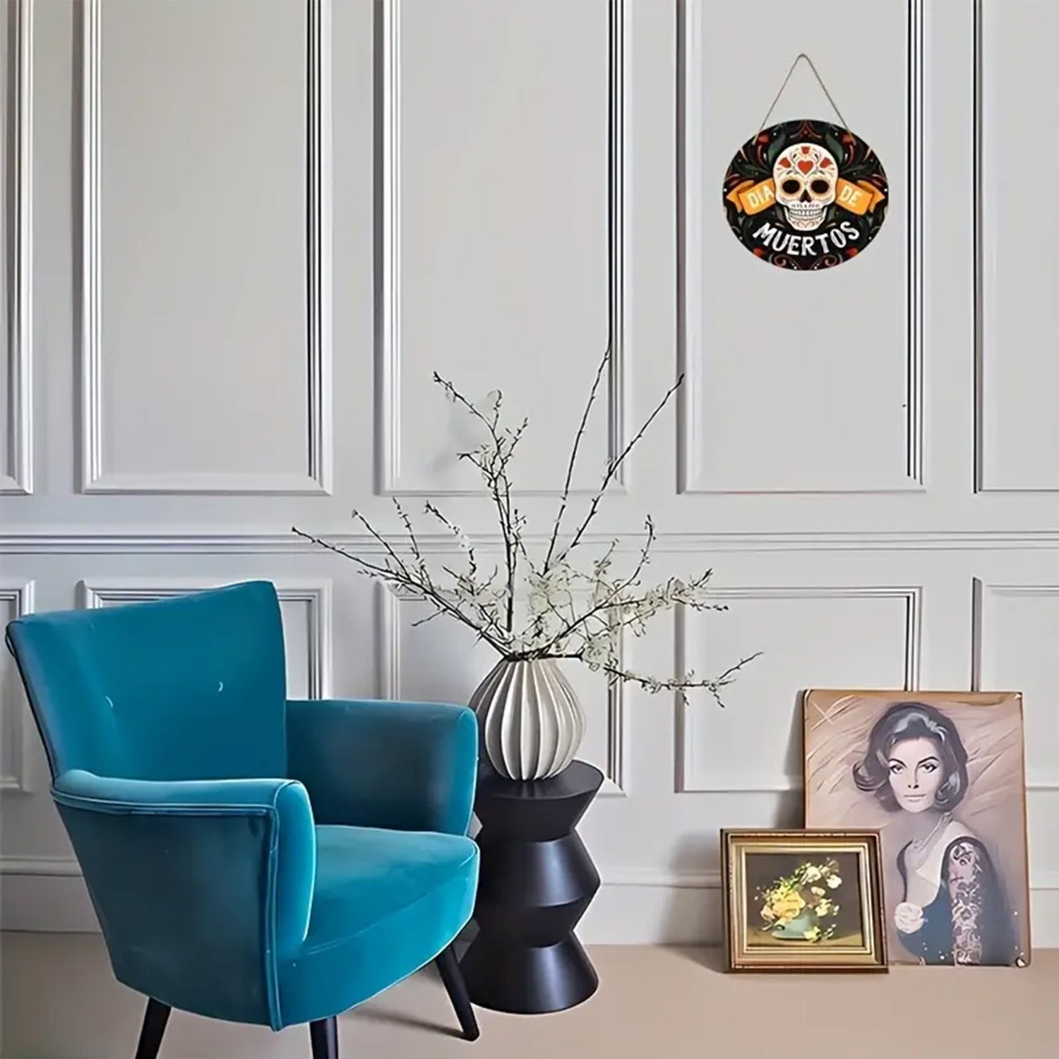 New Halloween Wooden Door Sign Celebrate Holiday Floral Round Skeleton Decoration Wooden Home Hanging Sign