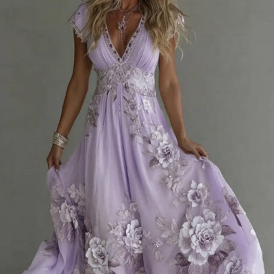 2026 Independent Station New Women's Solid Color Elegant Print Pleated Floral Dress