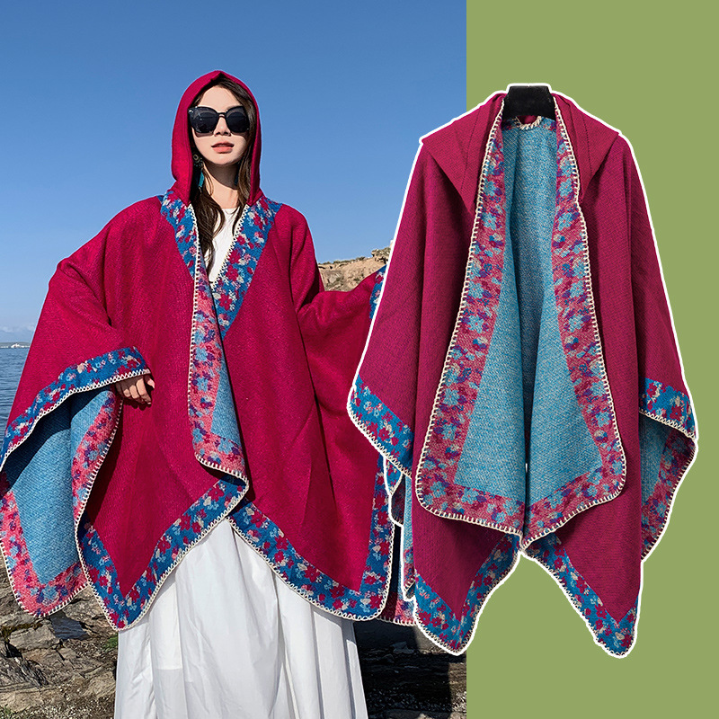 Xinjiang Tibet Travel Photo Ethnic Style Shawl Grassland Hooded Scarf Cape Yunnan Outer Cardigan Cape Women