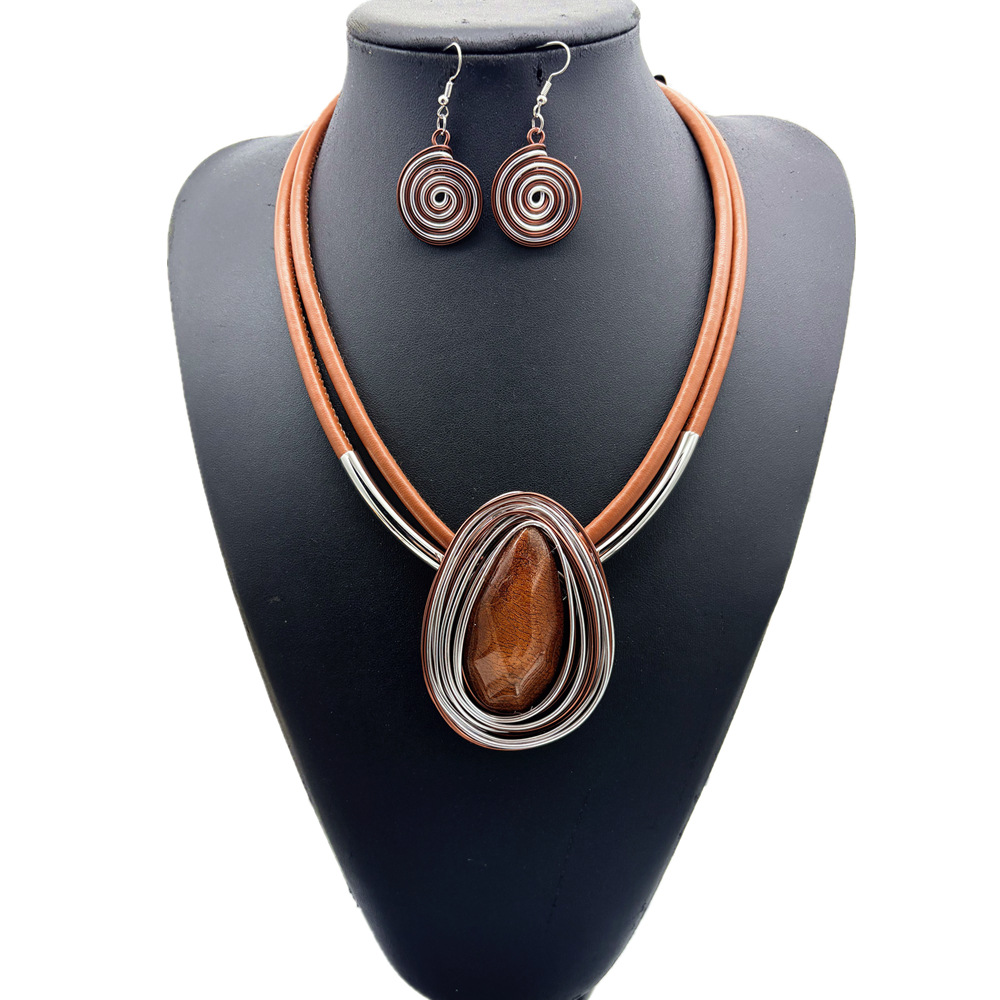 Spanish aluminum strip leather rope resin teardrop pendant necklace and earring set accessories necklace