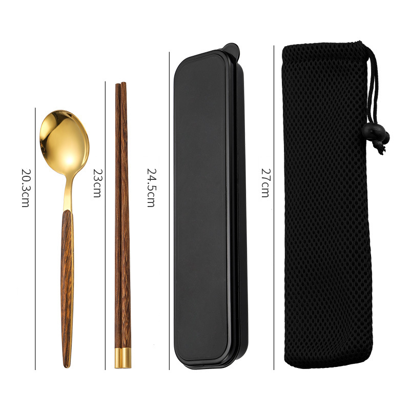Chopsticks and spoon set, one-person convenient tableware, student storage box, fork, single wooden chopsticks, three-piece set