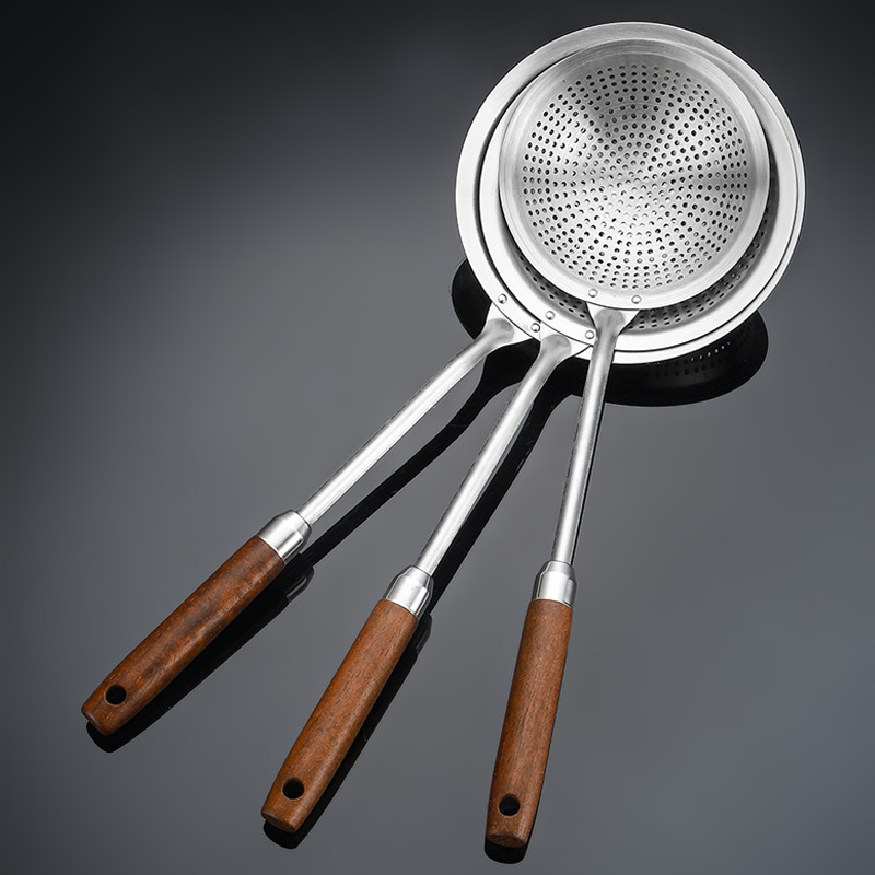 201 stainless steel small hole slotted spoon, household rosewood handle colander, dumpling noodle scoop, frying strainer spoon, hot pot spoon