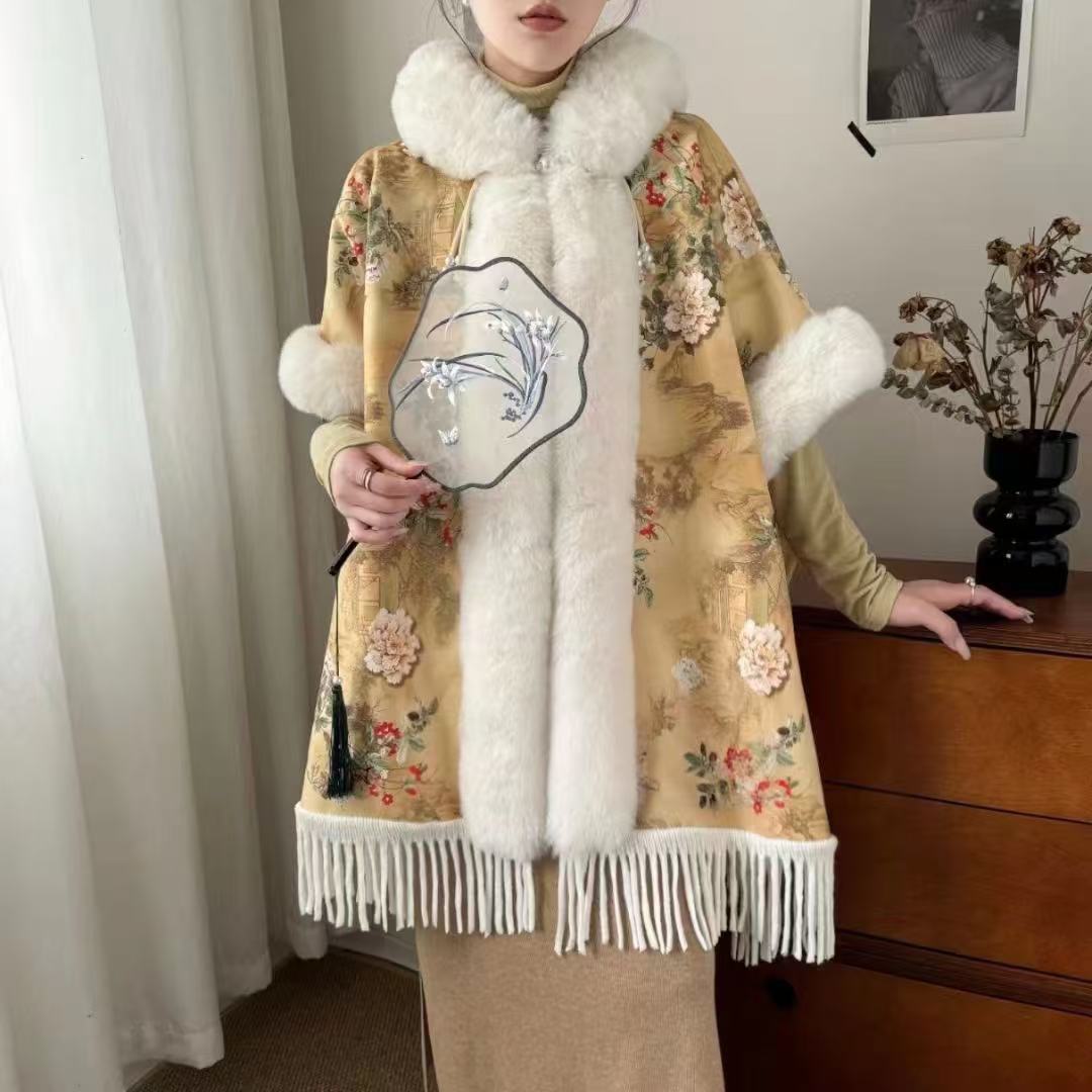 Live Autumn Winter New Plaid Tassel Fleece Lined Thickened Hooded Cape Shawl Fur Collar Warm Coat