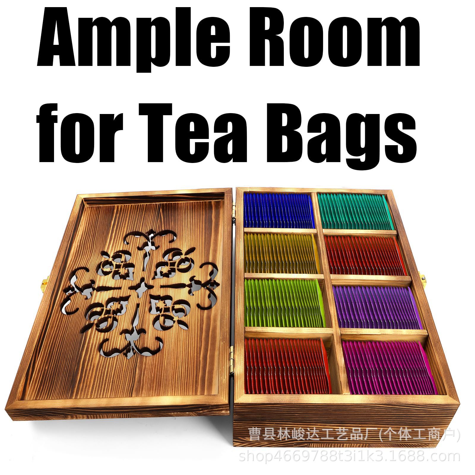 Tea bag storage box, wooden flip-top, carved hollow pattern, tea packet storage box, desktop compartment gift box