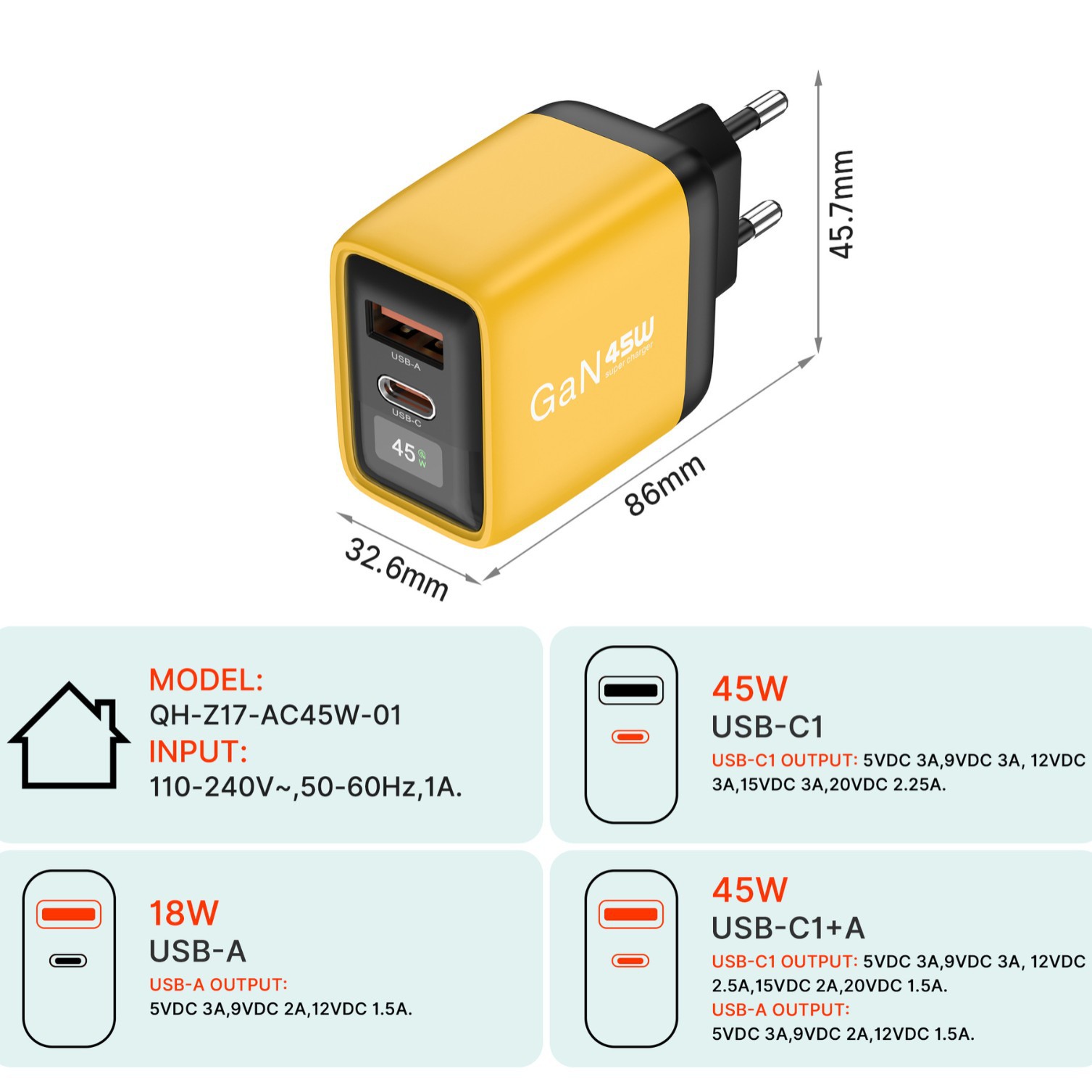 European Standard GaN Charger 45W Fast Charging Phone Charging Head Compatible with Apple Huawei Samsung Dual Port Charging Head