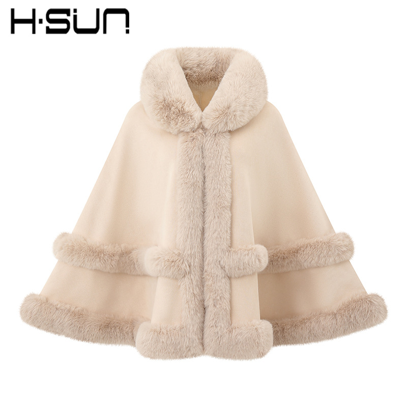 H·SUN Street Style Cape Poncho Cape Suede Fur Trim Warm Fleece Women's 2026 Fur Collar