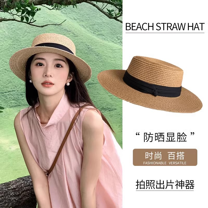 Flat Top Woven Straw Hat for Women, Sweet Beach Sun Protection Fisherman Hat, Wide Brim, Face Slimming Basin Hat
