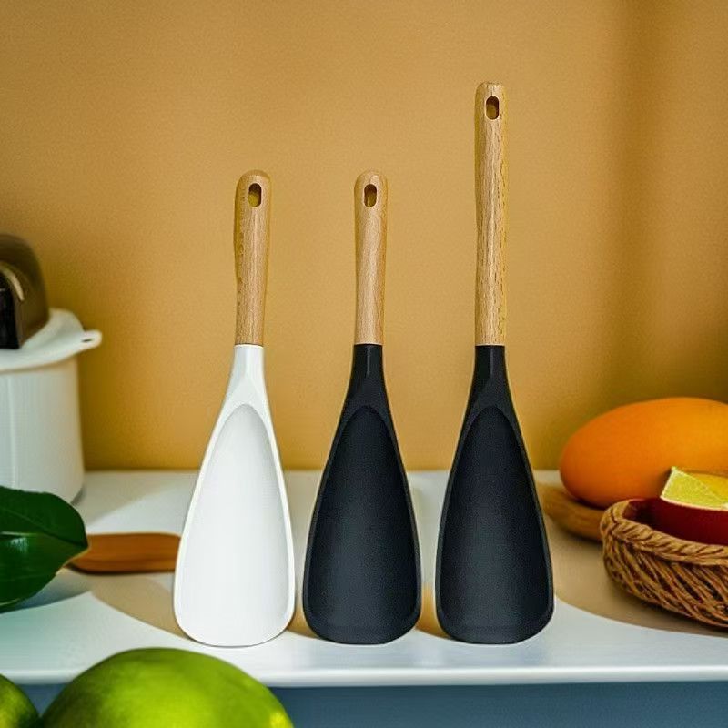 Beech wood handle silicone spatula, non-stick pan specific, food-grade high-temperature resistant cooking spoon, home salad mixing spoon