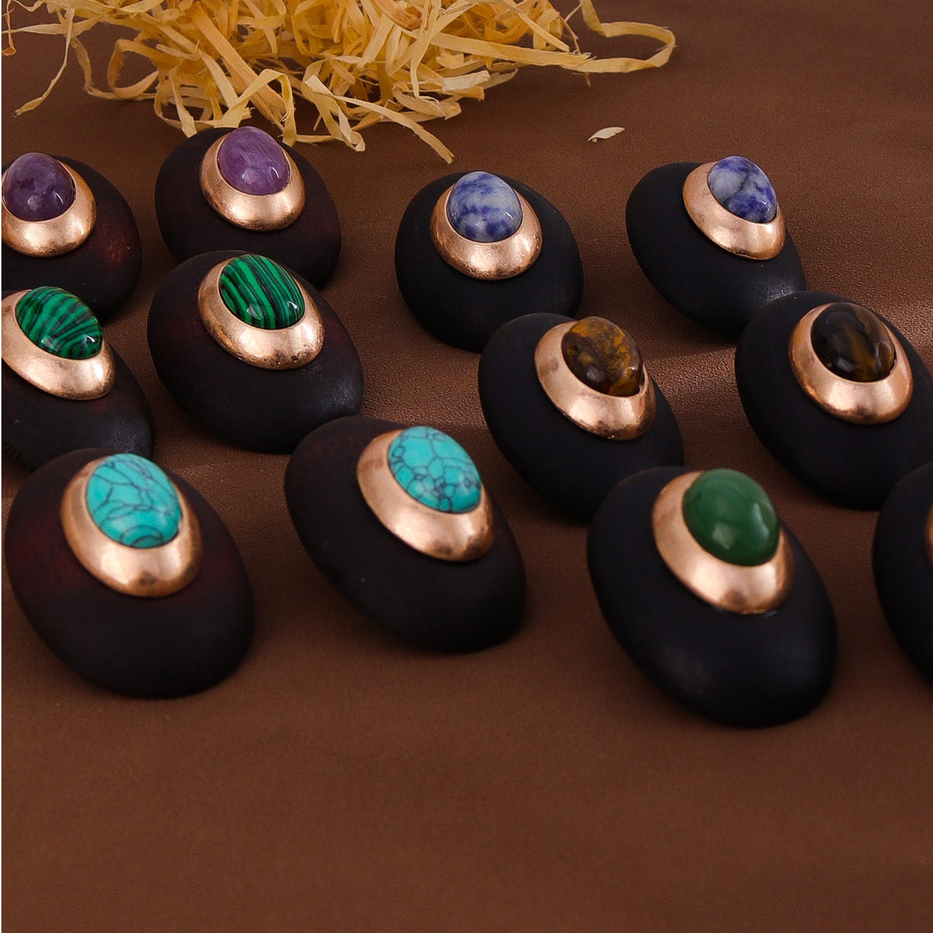 Original Design Wind Accessories Exaggerated Wood Oval Stone Metal Stud Earrings Women