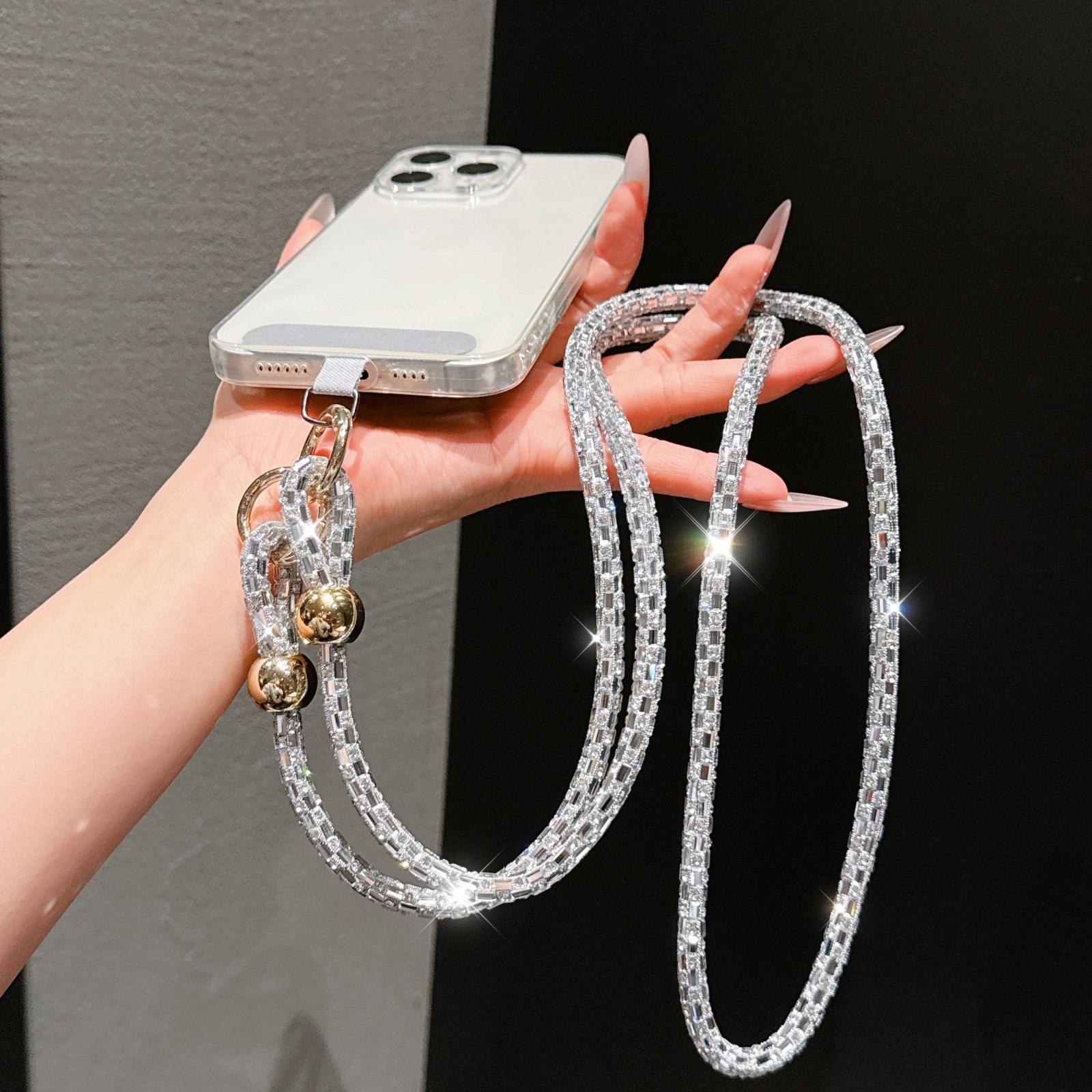 Rhinestone Phone Lanyard Long Crossbody Chain Glass Diamond Multi-function Anti-loss Beaded