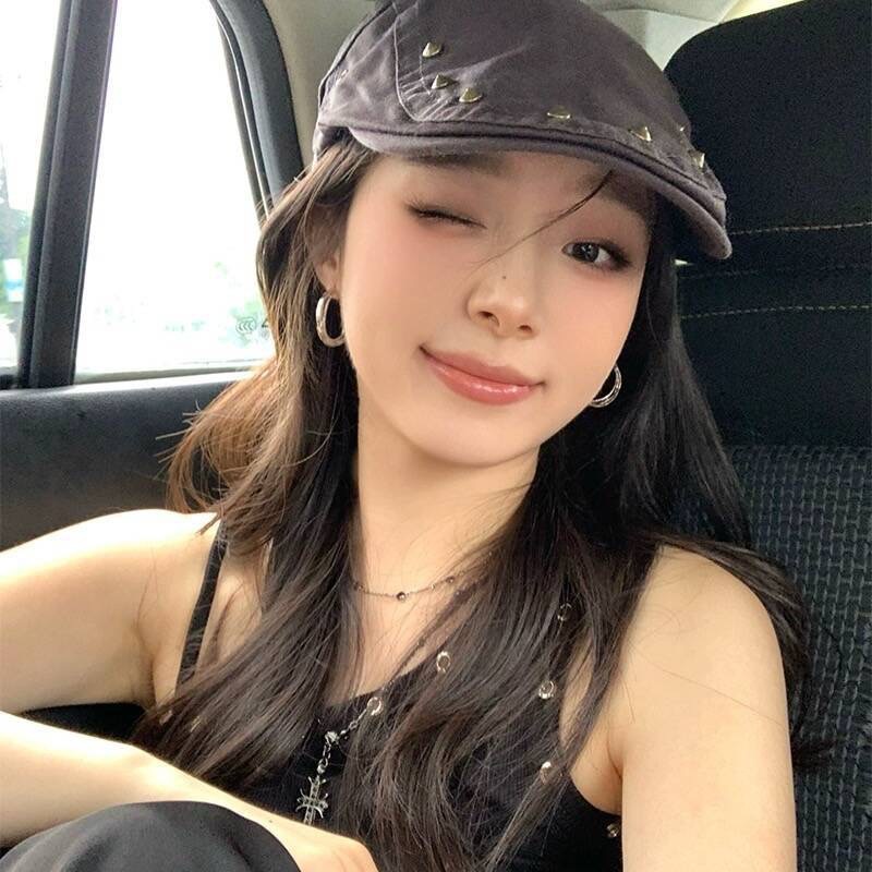Rivet Forward Cap for Women, Spring/Autumn, Beret, Thin Sun Protection, Casual, Face Slimming