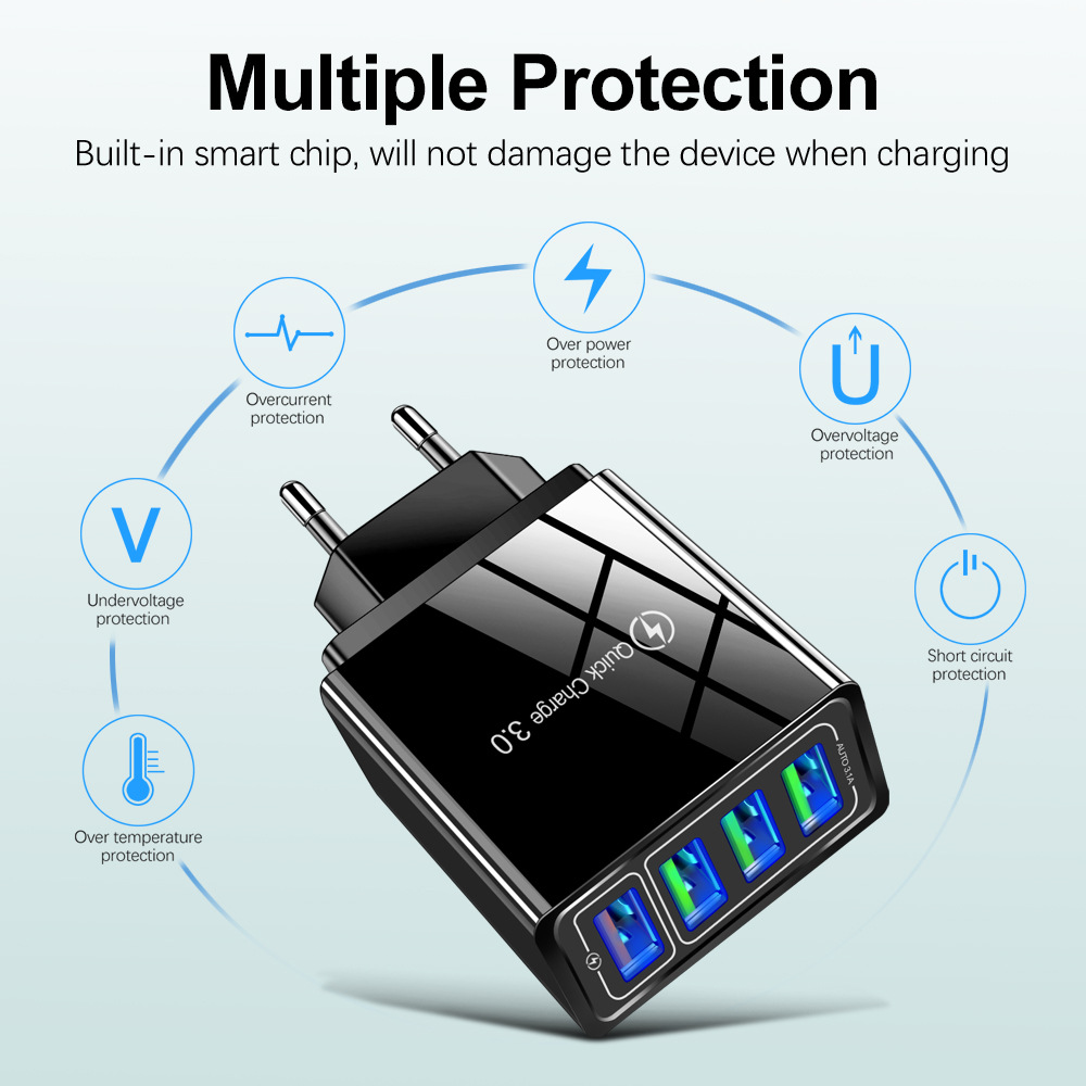 4USB Fast Q3.0 Phone Charger Multi-Port US EU UK Travel Power Adapter Cross-Border