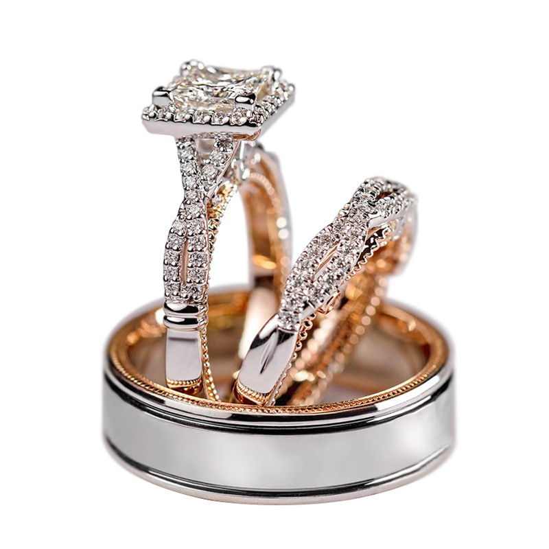 Cao Shi Three-Piece Ring Set Rose Gold Two-Tone Shining Zircon Ring Women's Luxurious Engagement Ring