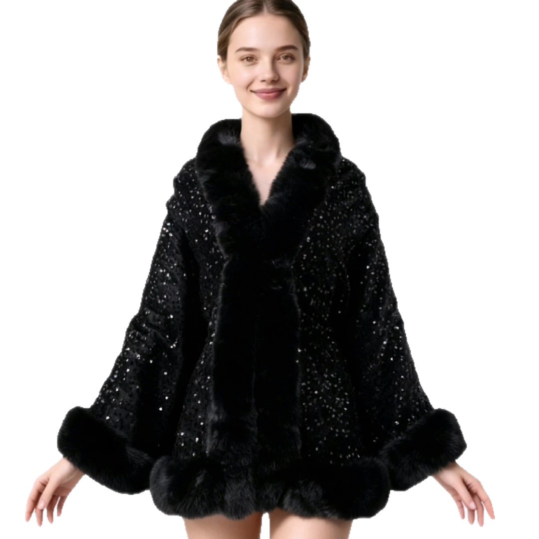 2026 Autumn and Winter Cape Outerwear Small Vest Street Style Cape Solid Color Sequins Fur Collar Poncho
