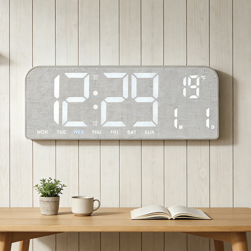 New LED Clock Large Screen Alarm Clock Simple Wood Grain Clock Table Clock Hangable GH