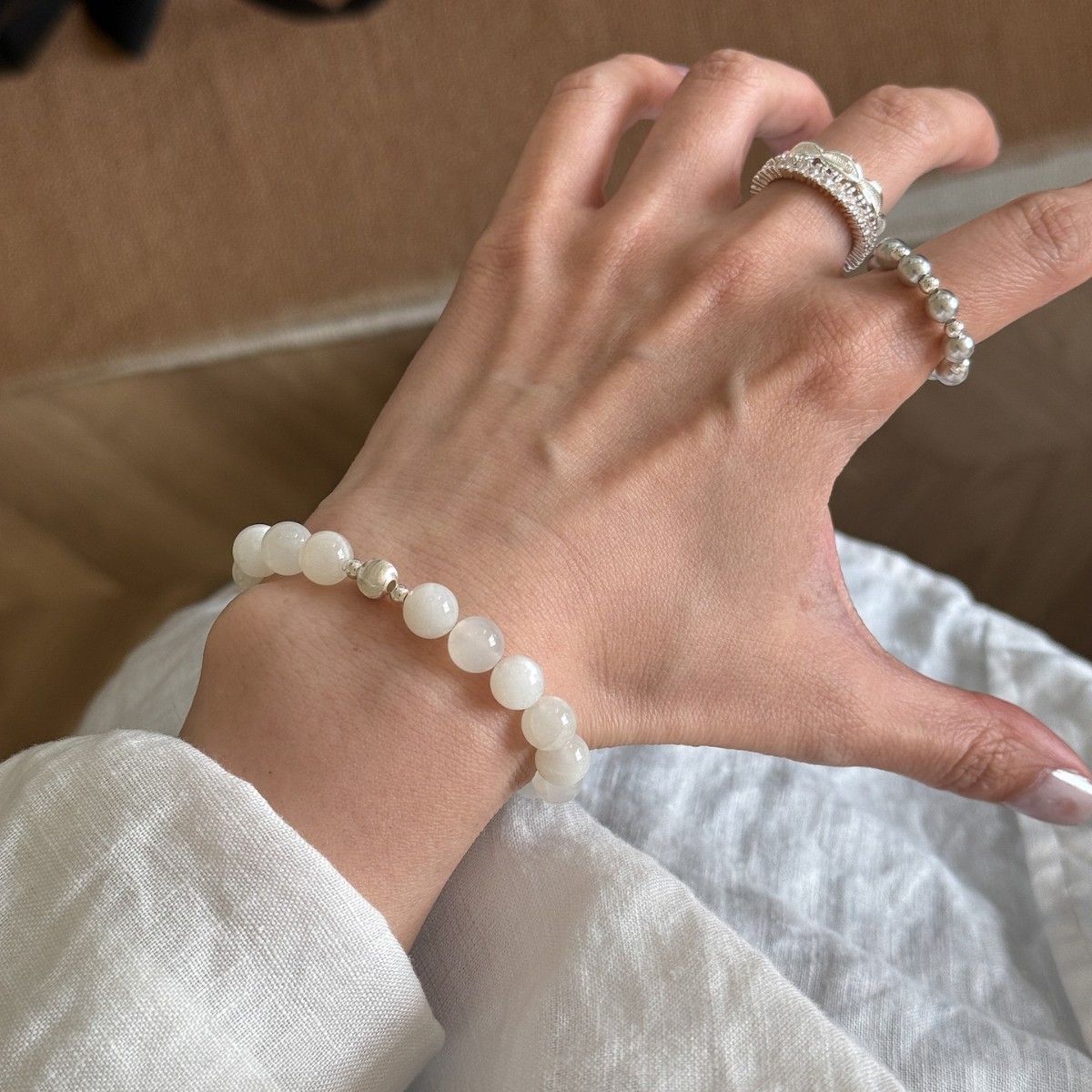Natural white moonstone all S925 sterling silver simple cool minimalist cat eye bead bracelet for women