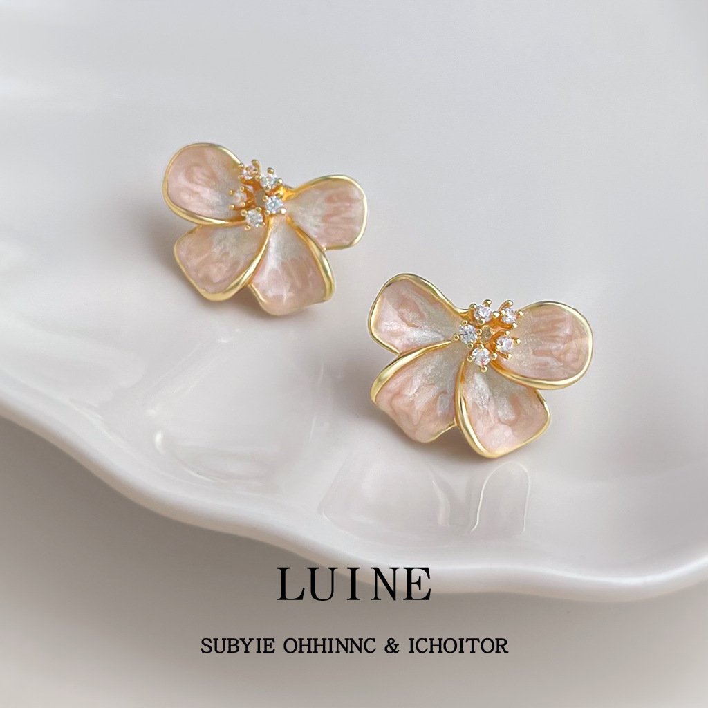 Fresh and sweet micro-set zircon silver-plated needle enamel drip glaze gradient color flower earrings for women, electroplated earrings