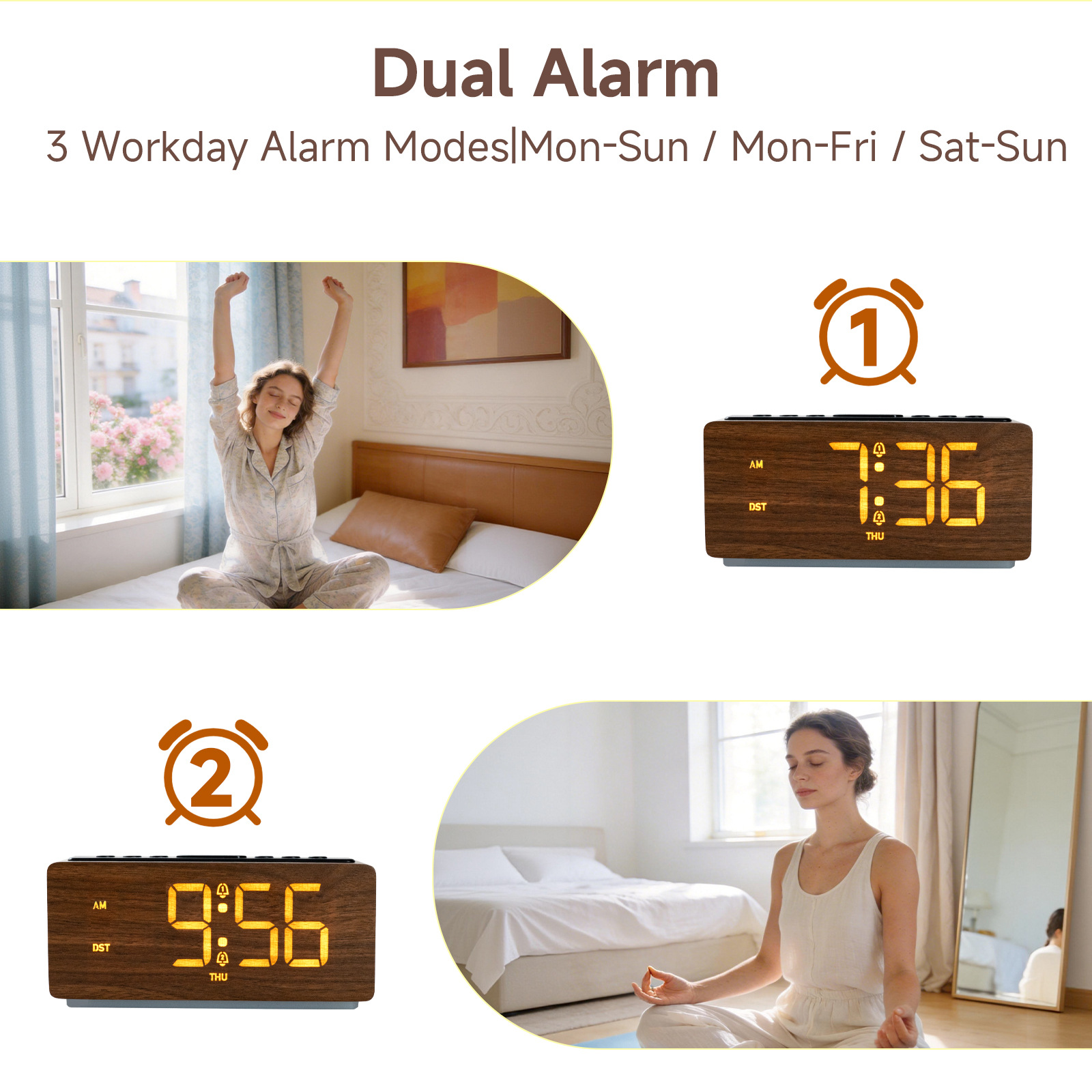 New Nordic Japanese-style wooden alarm clock, wood grain clock, luminous bedside study LED electronic clock