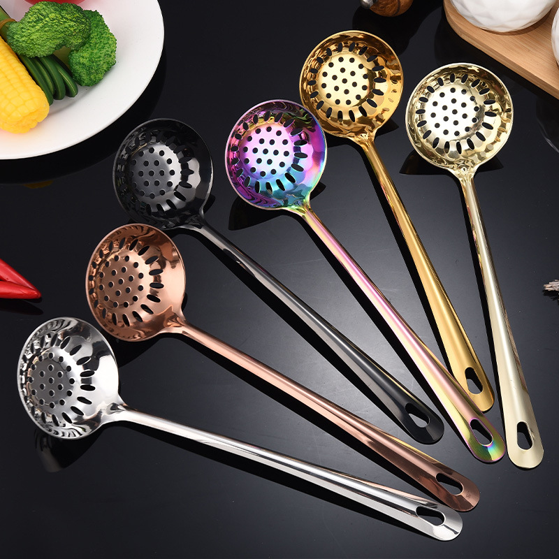 Stainless Steel Soup Spoon Home Kitchen Serving Spoon Beef Hot Pot Oil Residue Strainer Long-Handle Seasoning Large Spoon