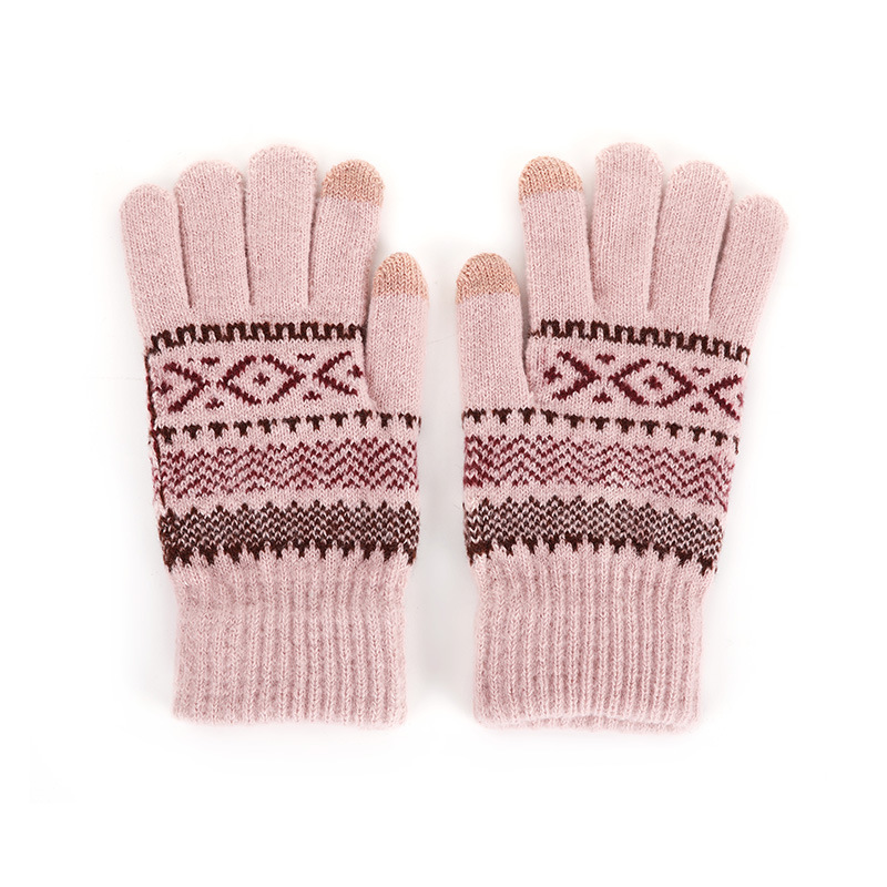 Knitted Jacquard Touch Screen Warm Gloves Women Autumn Winter Men Outdoor Fleece-Lined Thick Anti-Cold Full-Finger Knitted Gloves