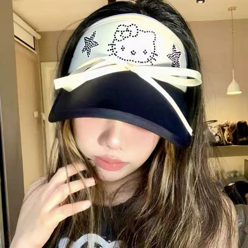 HelloKitty Sun Protection Hollow Top Hat, Cute Sunshade Hat, Face Slimming, Cartoon Kitty Cat, Face Slimming Hat