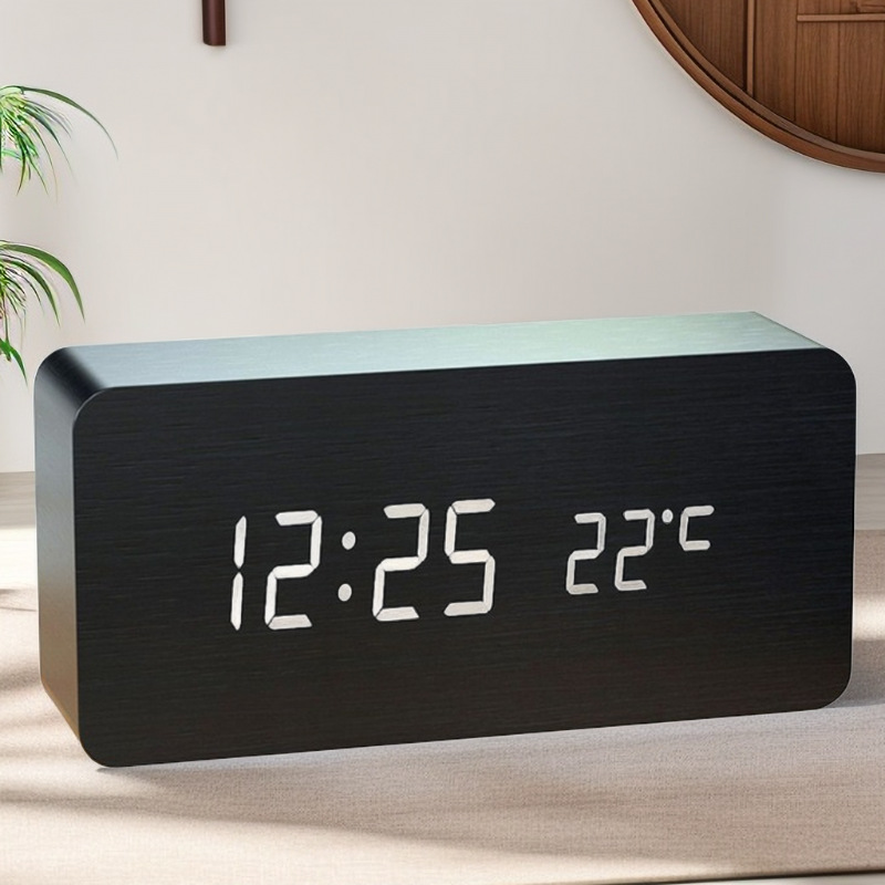 Digital LED wooden clock, temperature, calendar, quiet bedroom student alarm clock, triangular desk clock